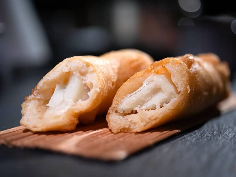 foto di filetti di baccalà avvolti da una pastella e fritti, aperti con l'interno del baccalà visibile. I filetti sono poggiati su una piccola lastra di legno poggiata su un tavolo in ardesia